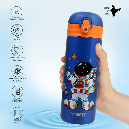 Probott Dazzle 400ml Stainless Steel Hot & Cold Sipper Water Bottle for Kids, Dark Blue| Double Walled Vacuum Flask |Push Button With Locking System