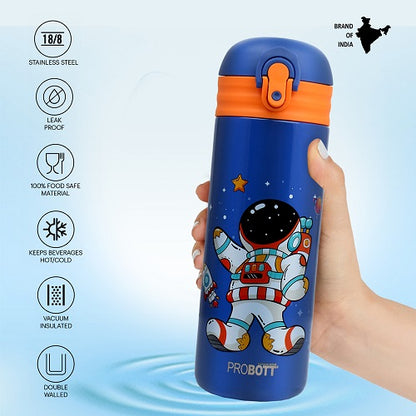 Probott Dazzle 400ml Stainless Steel Hot & Cold Sipper Water Bottle for Kids, Dark Blue| Double Walled Vacuum Flask |Push Button With Locking System