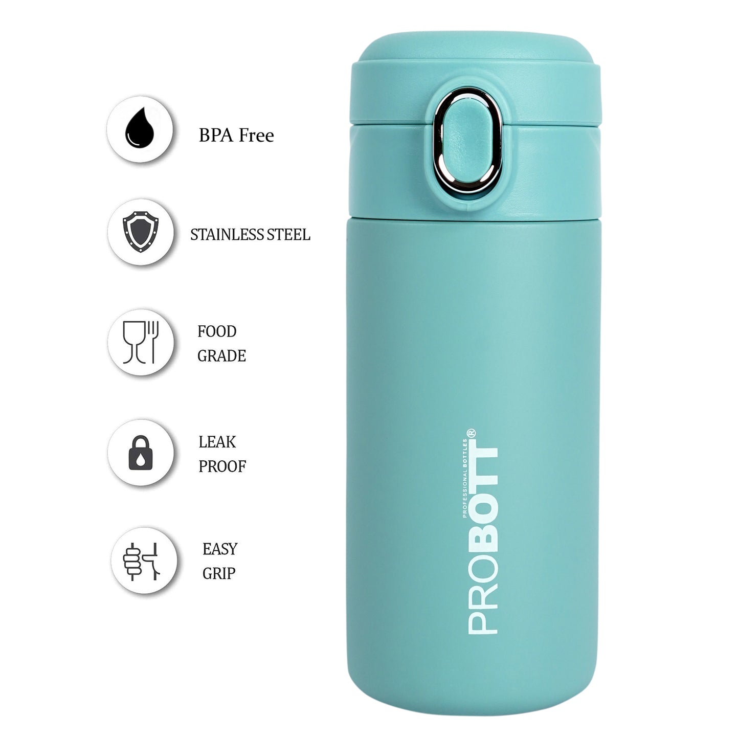 Probott Pride 400ml Thermosteel Hot & Cold Insulated Stainless Steel Travel Flask, Green | Spill Proof | Coffee Tea Mug | Juice Mug | Easy Grip Easy to Carry