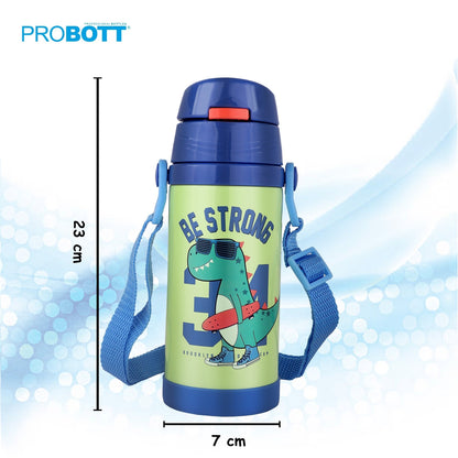 Probott Jerry 500ml Water Bottle with Straw for 3-5 yrs Old Kids | Stainless Steel Hot & Cold Sipper Bottle for Kid, Green