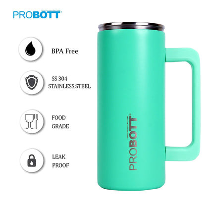 Probott Brew 380ml Travel Mug with Handle, Wide Mouth Tumbler, Green, Thermosteel Vacuum Insulated Thermos Flask | Hot and Cold