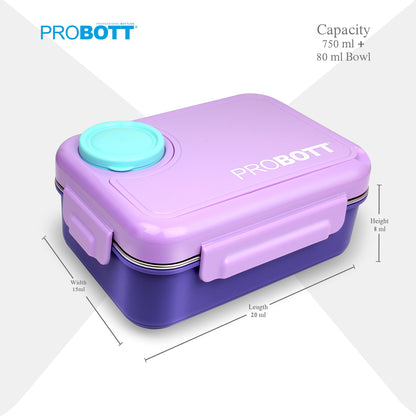 PROBOTT Fun Time 750ml Stainless Steel Lunch Box, 3 Grid with 1 Bowl Tiffin Box, Perfect for School, Office Use | Purple