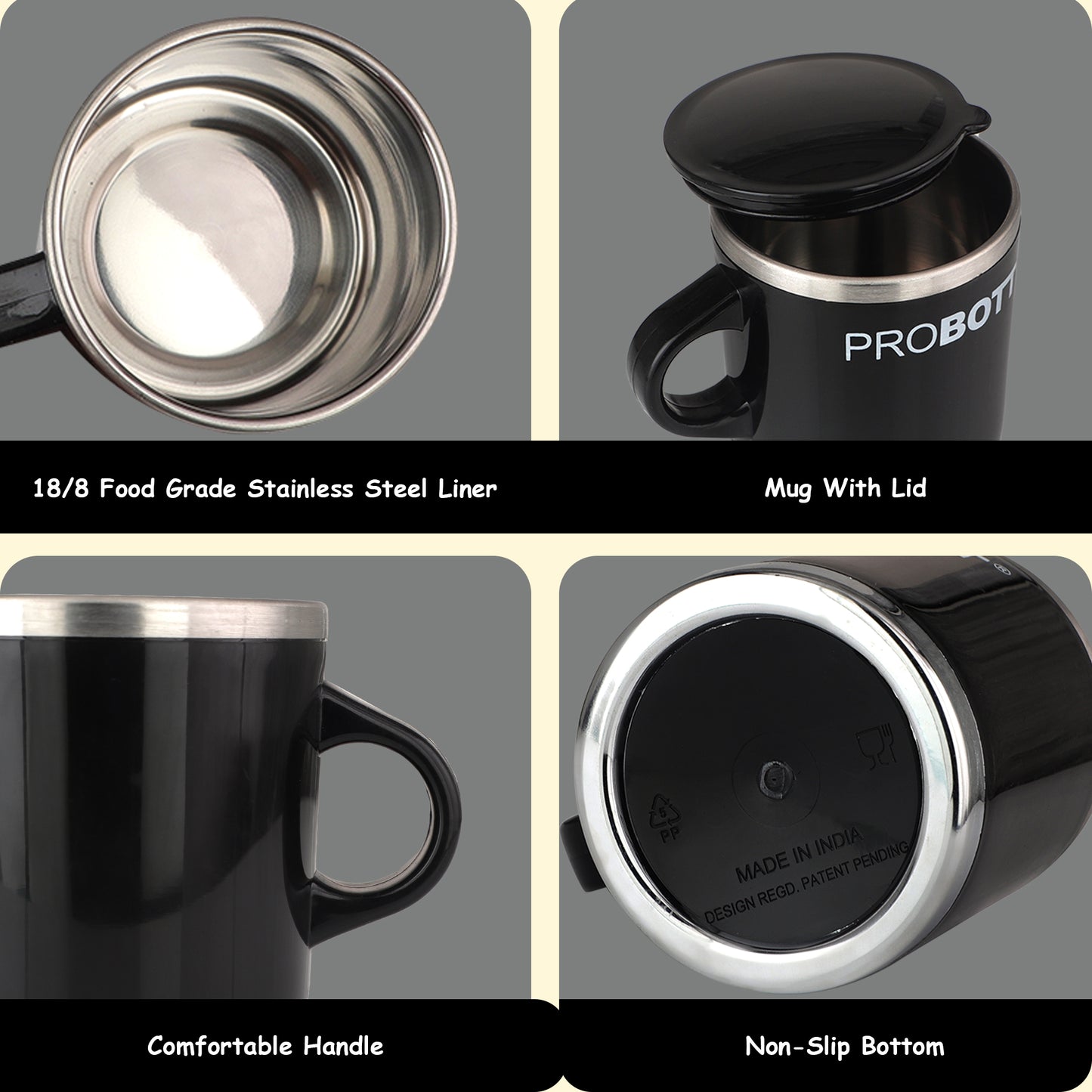 PROBOTT Costa Stainless Steel Mug/Cup with Lid, Stylish Cup Ideal for Hot & Cold Coffee, Tea – Black