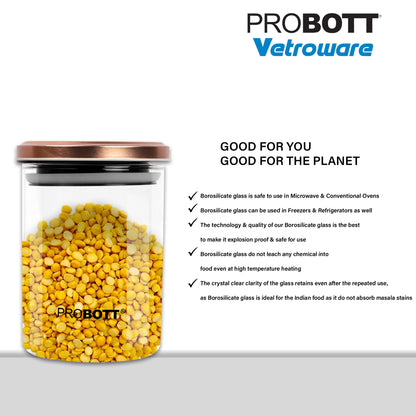 PROBOTT Vetroware 700ml Glass Round Jar Container with Metal Golden Color Air Tight Cap