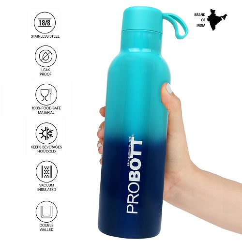 Probott Dream 750ml Stainless Steel Hot and Cold Water Bottle, Vacuum Insulated Flask Bottles, Dual Color Aqua Blue & Dark Blue