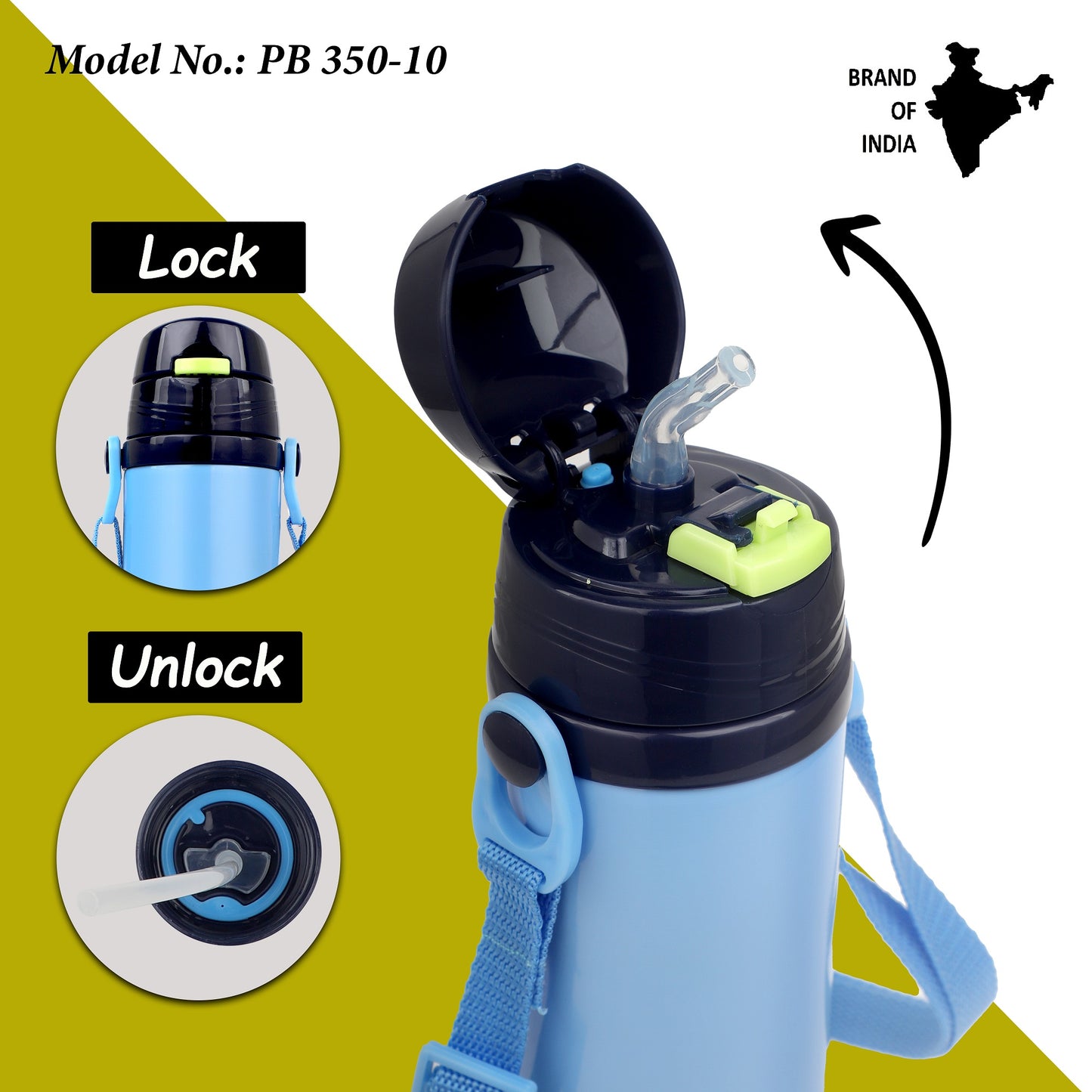 Probott Tom 350ml Hot & Cold Vacuum Insulated Flask Sipper Bottle with Straw & Strap for Kids, Blue