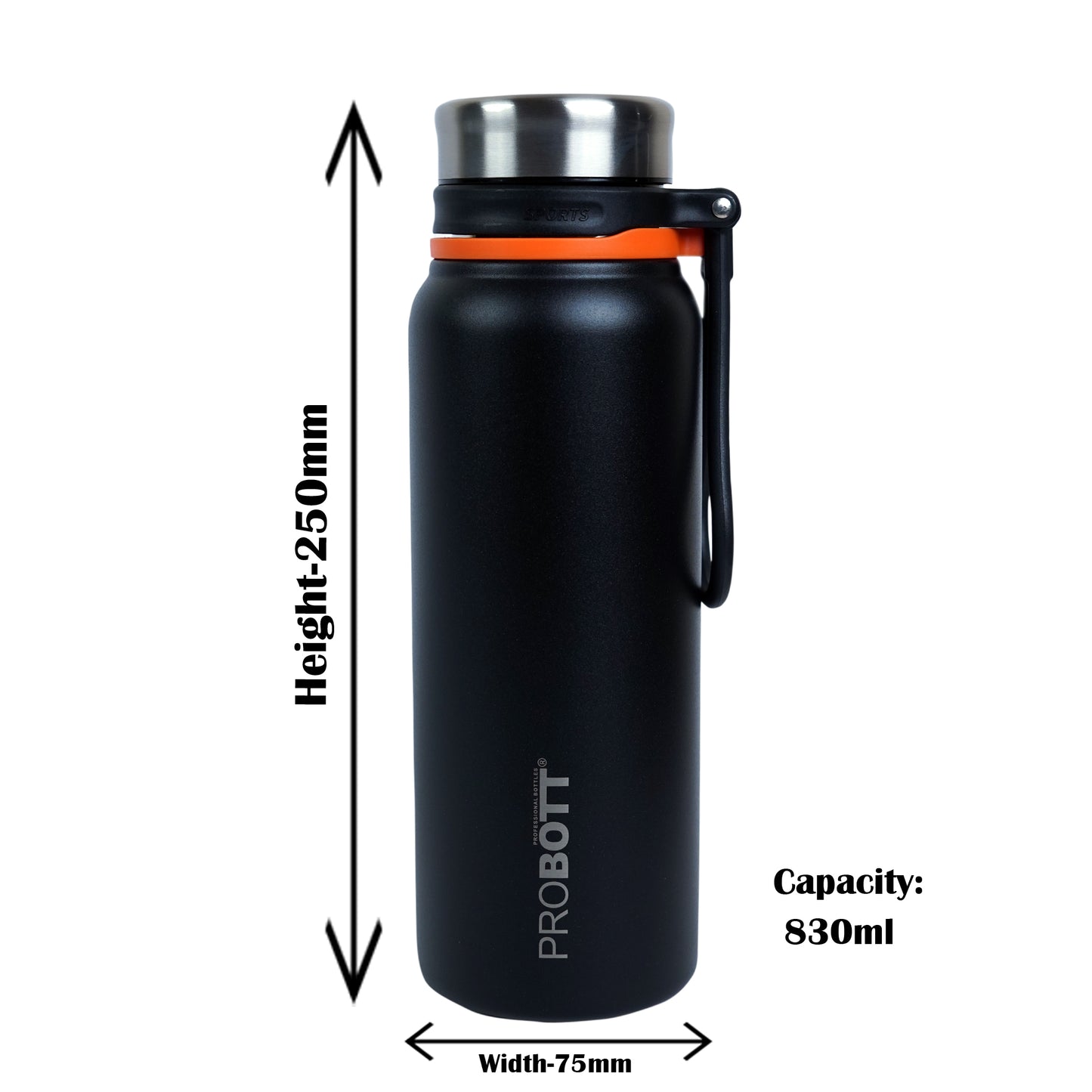 PROBOTT Marine 830ml Stainless Steel Water Bottles, Vacuum Insulated Flask Bottles, Black | Hot and Cold | Easy to Carry | Leak Proof