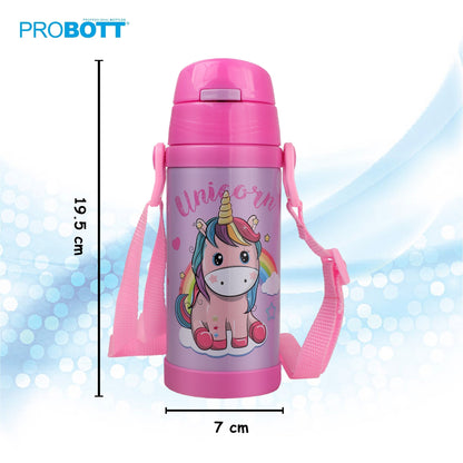 Probott Jerry 350ml Water Bottle with Straw for 3-5 yrs Old Kids | Stainless Steel Hot & Cold Sipper Bottle for Kid, Pink