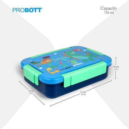 PROBOTT Lunch On 750ml Stainless Steel Lunch Box, 2 Grid Tiffin Box, Character Lid Made with Heavy Quality PP Material Perfect for School, Office Use | Blue+Dark Blue