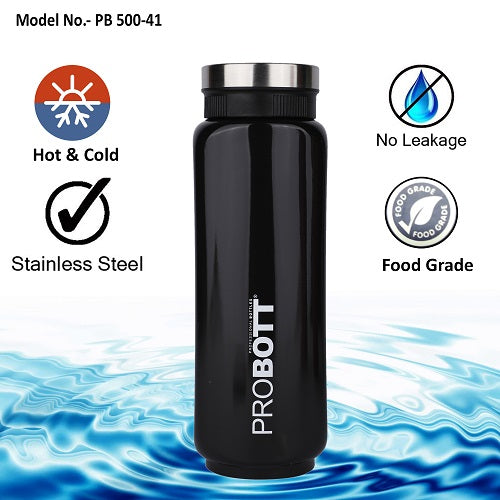 Probott Sliced 500ml Thermoses Vacuum Insulated Flask Bottle, Stainless Steel Water Bottles, Black