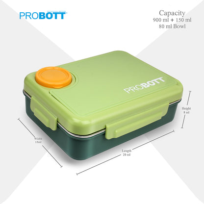 PROBOTT Fun Time 900ml Stainless Steel Lunch Box, 4 Grid with 2 Bowl Tiffin Box, Perfect for School, Office Use | Green