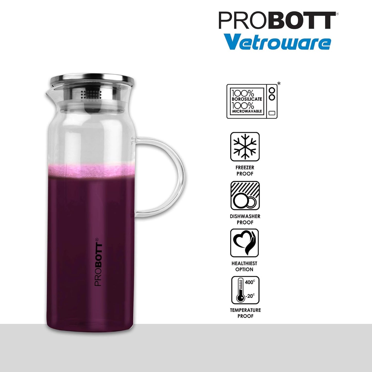 PROBOTT Vetroware Glass Water Jug with Lid Pitcher for Dining Table 1500 ml PV Spark Glass Jug