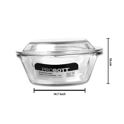 PROBOTT Vetroware Borosilicate Glass Casserole for Roti Chapati Rice, Curry Serve Deep Round Oven And Microwave Safe Serving Bowl With Glass Lid PV Apple Cut Casserole_1Ltr