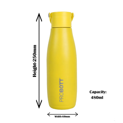 Probott Trendy 480ml Stainless Steel Water Bottles, Vacuum Insulated Flask Bottles, Yellow | Hot and Cold | Easy to Carry | Leak Proof