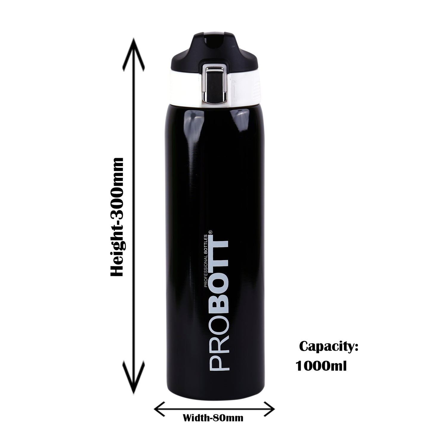 Probott Icon 1000ml Stainless Steel Hot and Cold Water Bottle, Vacuum Insulated Flask Sipper Bottle, Black