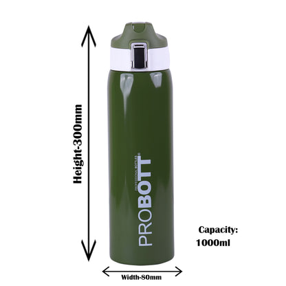 Probott Icon 1000ml Stainless Steel Hot and Cold Water Bottle, Vacuum Insulated Flask Sipper Bottle, Green