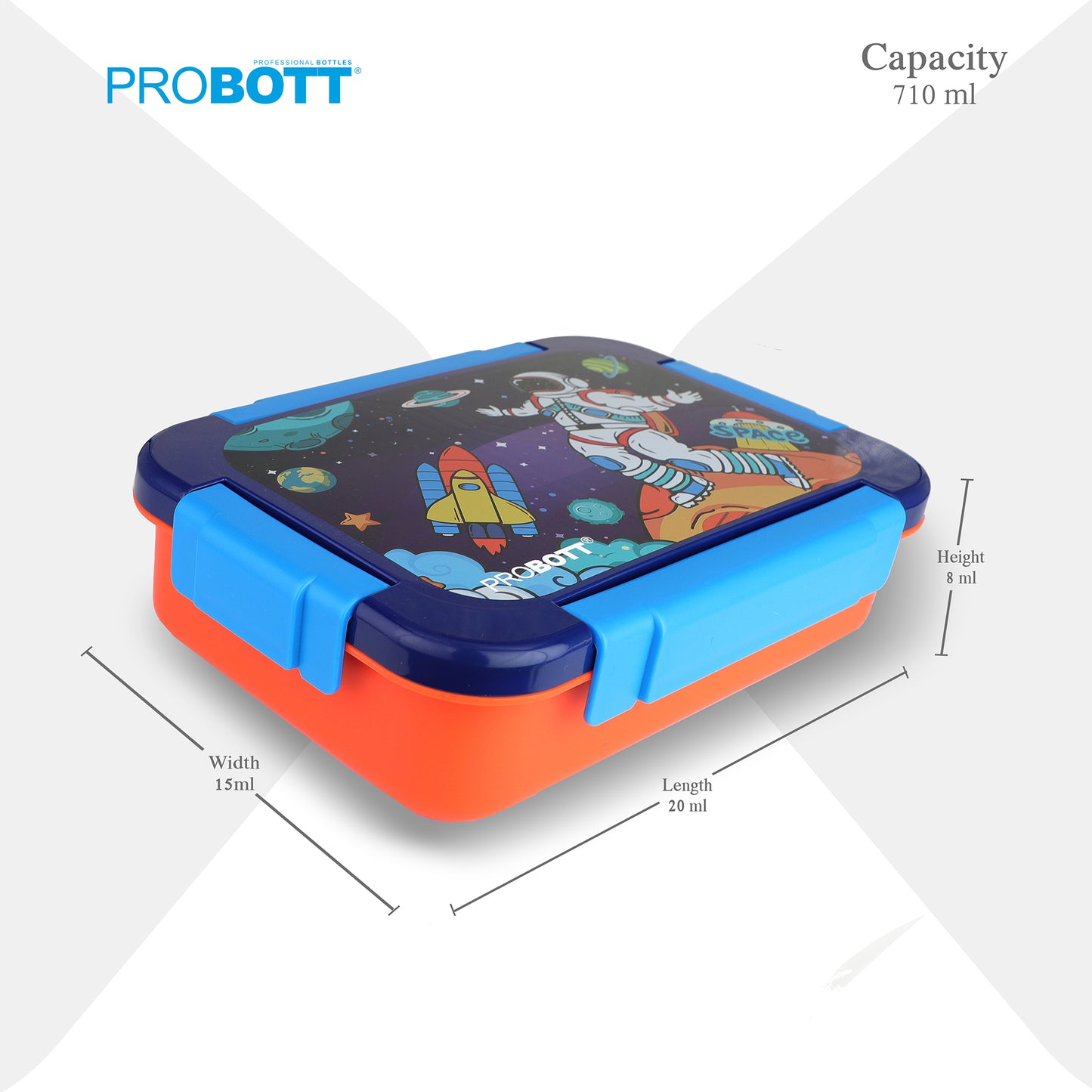 PROBOTT Lunch On 710 ml Stainless Steel Lunch Box, 3 Grid Tiffin Box, Character Lid PP Material Perfect for School, Office, Travel, Picnic | Blue+Orange