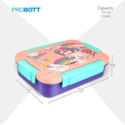 PROBOTT Lunch On 710ml Stainless Steel Lunch Box, 3 Grid Tiffin Box, Character Lid Made with Heavy Quality PP Material Perfect for School, Office Use | Orange + Purple