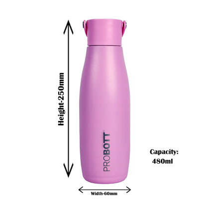 Probott Trendy 480ml Stainless Steel Water Bottles, Vacuum Insulated Flask Bottles, Pink | Hot and Cold | Easy to Carry | Leak Proof