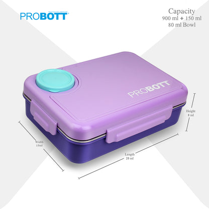 PROBOTT Fun Time 900ml Stainless Steel Lunch Box, 4 Grid with 2 Bowl Tiffin Box, Perfect for School, Office Use | Purple