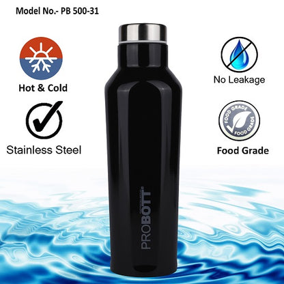 Probott Dome Water Bottle, Stainless Steel Water Bottles, Vacuum Insulated Flask Bottles, 500 ml, Black