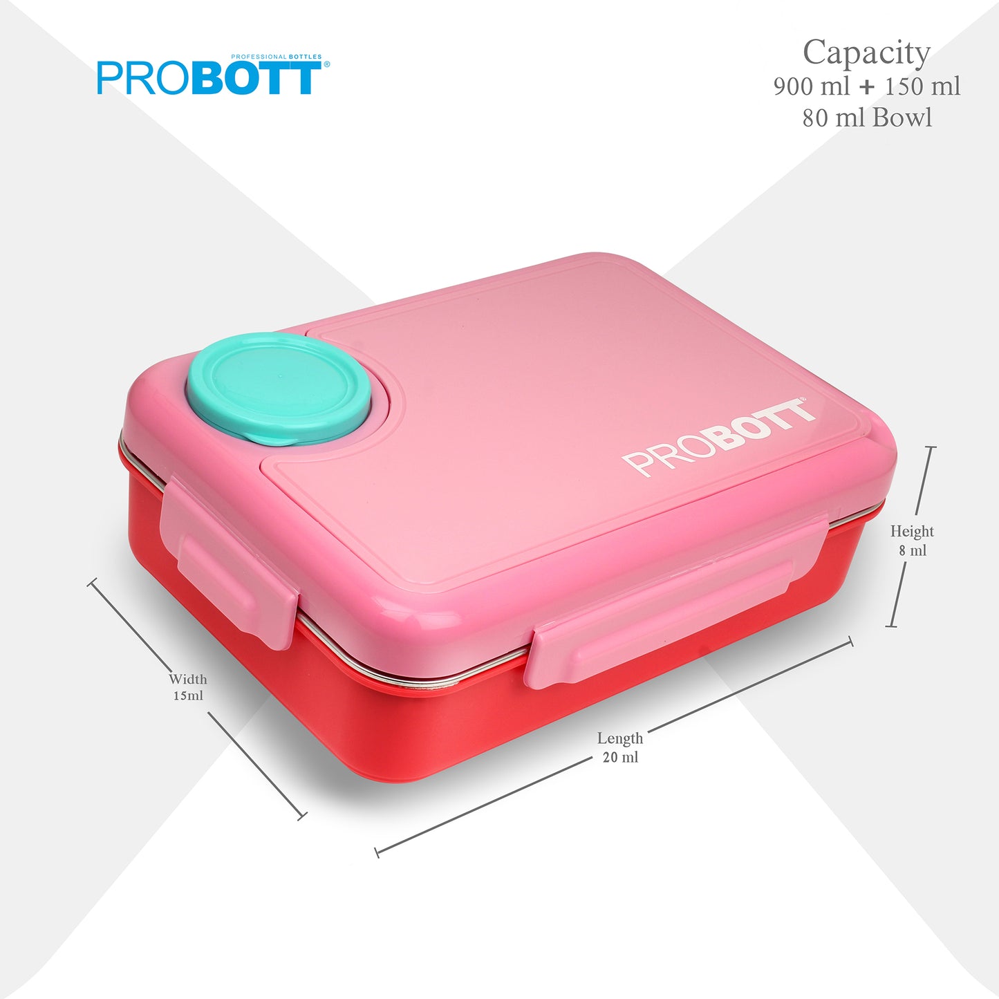 PROBOTT Fun Time 900ml Stainless Steel Lunch Box, 4 Grid with 2 Bowl Tiffin Box, Perfect for School, Office Use | Pink