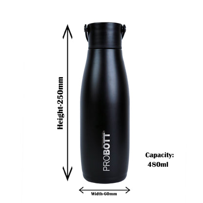 Probott Trendy 480ml Stainless Steel Water Bottles, Vacuum Insulated Flask Bottles, Black | Hot and Cold | Easy to Carry | Leak Proof