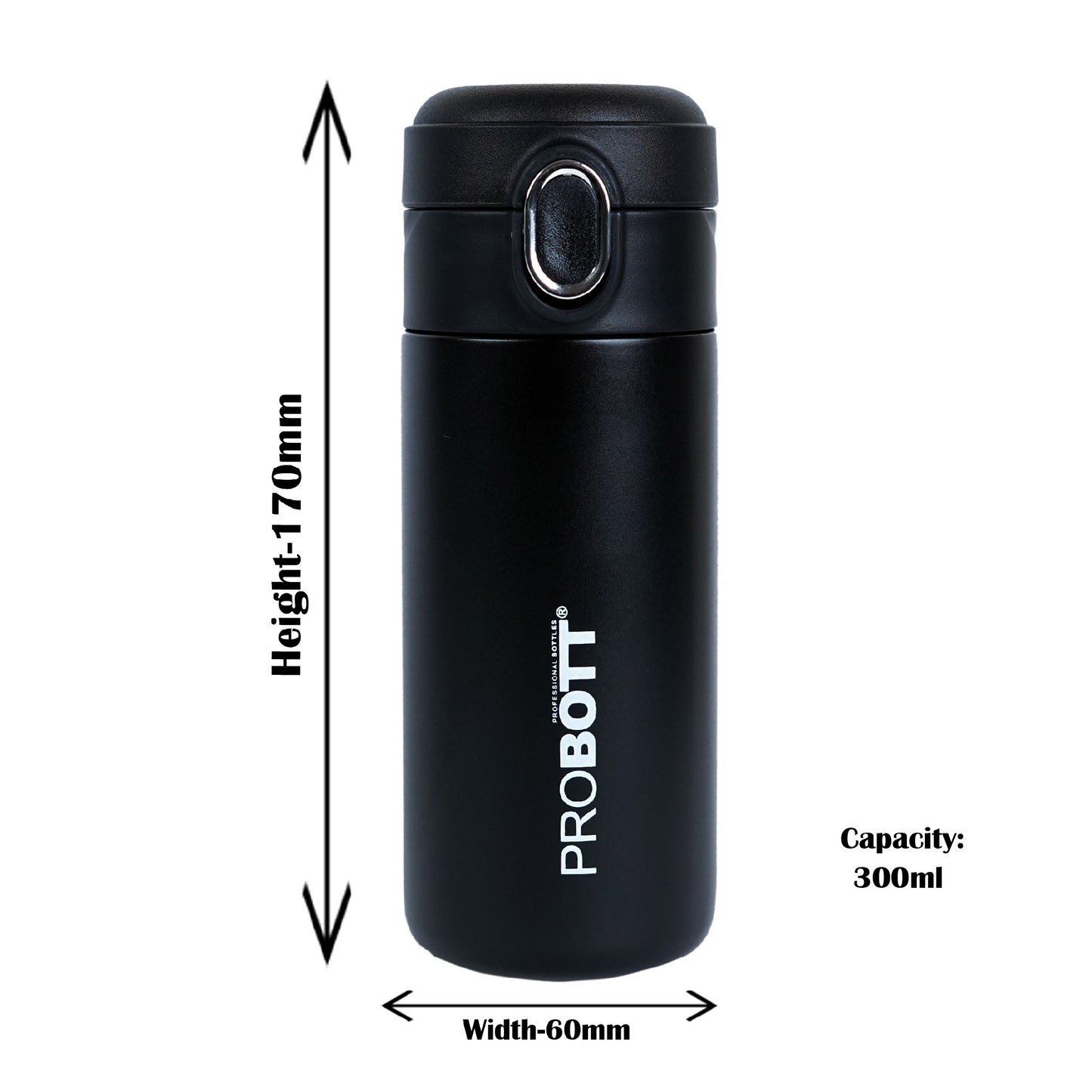 Probott Pride 300ml Thermosteel Hot & Cold Insulated Stainless Steel Travel Flask, Black | Spill Proof | Coffee Tea Mug | Juice Mug | Easy Grip Easy to Carry