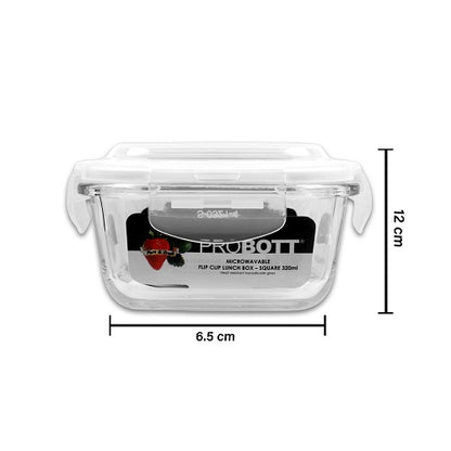 PROBOTT Vetroware Borosilicate Flip Clip Lunch Box Square Shape Set with Flat Bag, 320ml+320ml, 2-Pieces, Transparent PV 222-SF_Black Bag