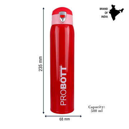 Probott Swift 500ml Thermoses Vacuum Insulated Flask Bottle, Stainless Steel Water Bottles, Red | Wide Mouth | Flip Top Cap | Hot and Cold | Leak Proof