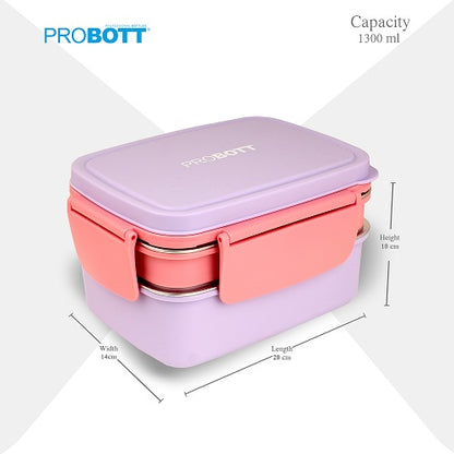 PROBOTT Double Decker 1300ml Stainless Steel Lunch Box, 2 Layers with 3 Grid, 1 Spoon Tiffin Box, Lid Made with Heavy Quality PP Material Perfect for School, Office Use | Light Purple