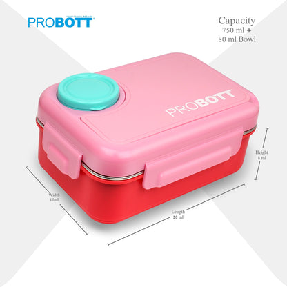 PROBOTT Fun Time 750ml Stainless Steel Lunch Box, 3 Grid with 1 Bowl Tiffin Box, Perfect for School, Office Use | Pink