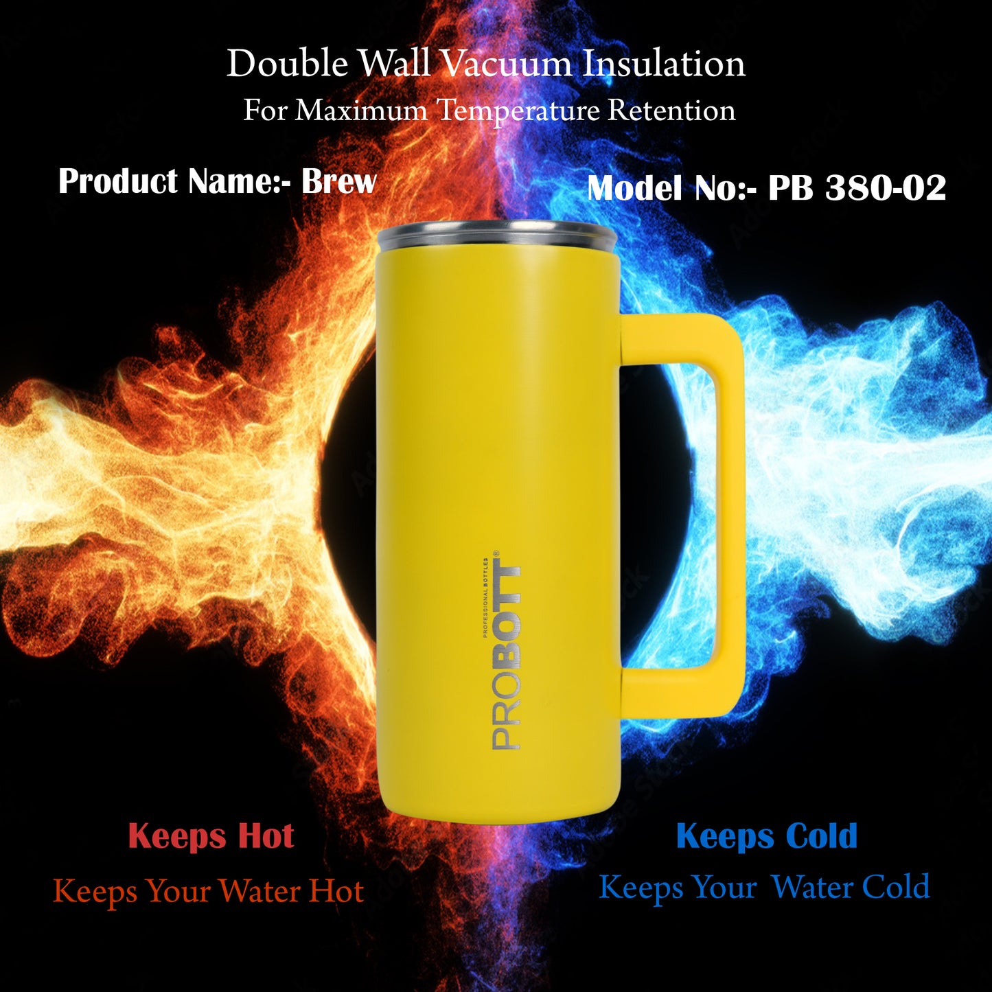 Probott Brew 380ml Travel Mug with Handle, Wide Mouth Tumbler, Yellow, Thermosteel Vacuum Insulated Thermos Flask | Hot and Cold