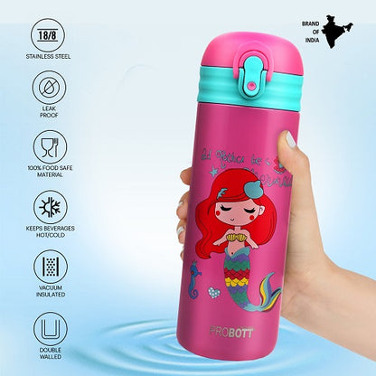 Probott Dazzle 400ml Stainless Steel Hot & Cold Sipper Water Bottle for Kids, Pink | Double Walled Vacuum Flask |Push Button With Locking System