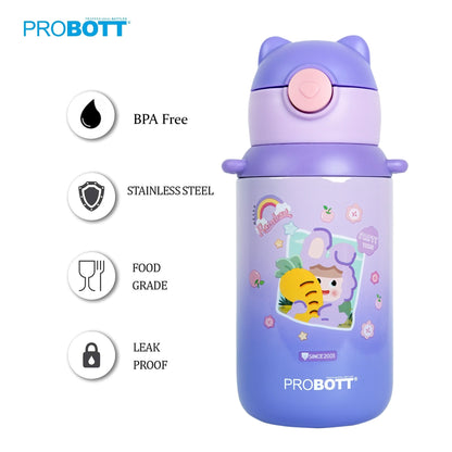 Probott Kidzy 500ml Water Bottle with Straw for 3-5 yrs Kids Sipper Bottle, Purple