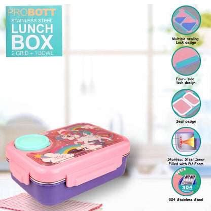 PROBOTT Fun Time 750ml Stainless Steel Lunch Box, 2 Compartment with 1 Bowl & 1 Spoon 1 Fork Tiffin Box, Character Lid | Pink