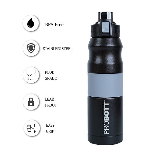 Probott Bloom 680ml Vacuum Insulated Flask Bottle, Stainless Steel Hot and Cold Water Bottles, Black