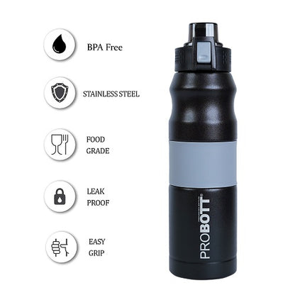 Probott Bloom 680ml Vacuum Insulated Flask Bottle, Stainless Steel Hot and Cold Water Bottles, Black