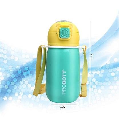 Probott Cutie 320ml Stainless Steel Hot & Cold Sipper Water Bottle for Kids, Aqua Green| Double Walled Vacuum Flask |Push Button With Locking System