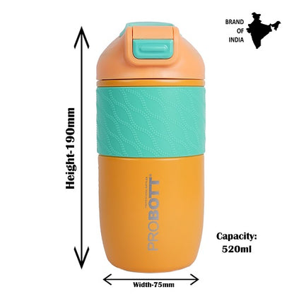 Probott Pluto 520ml Vacuum Insulated Flask Bottle, Stainless Steel Hot and Cold Water Bottles, Orange