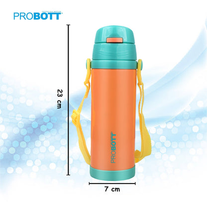 Probott Tom 500ml Hot & Cold Vacuum Insulated Flask Sipper Bottle with Straw & Strap for Kids, Orange