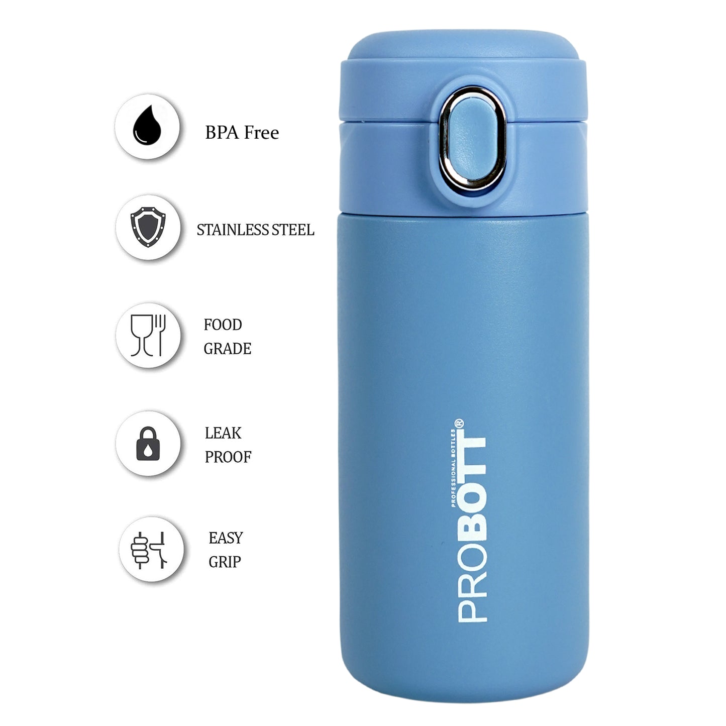 Probott Pride 400ml Thermosteel Hot & Cold Insulated Stainless Steel Travel Flask, Blue | Spill Proof | Coffee Tea Mug | Juice Mug | Easy Grip Easy to Carry