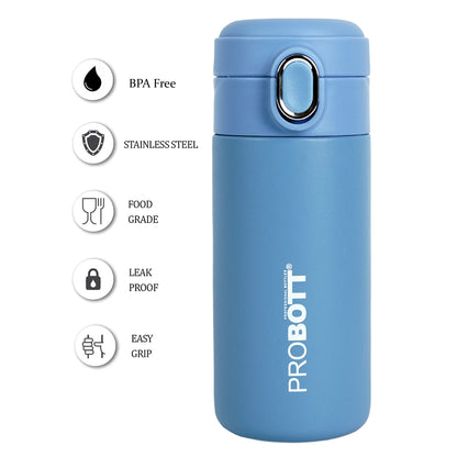 Probott Pride 400ml Thermosteel Hot & Cold Insulated Stainless Steel Travel Flask, Blue | Spill Proof | Coffee Tea Mug | Juice Mug | Easy Grip Easy to Carry