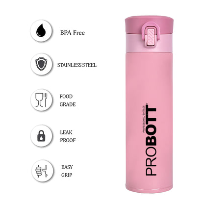 Probott Gliter 300 ml Travel Flask, Pink | Thermoses Hot or Cold Vacuum Insulated Stainless Steel | Flip Top Cap