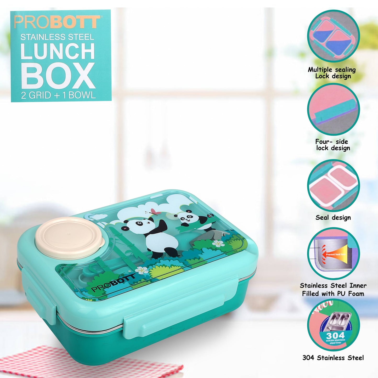 PROBOTT Fun Time 750ml Stainless Steel Lunch Box, 2 Compartment with 1 Bowl & 1 Spoon 1 Fork Tiffin Box, Character Lid | Aqua Blue