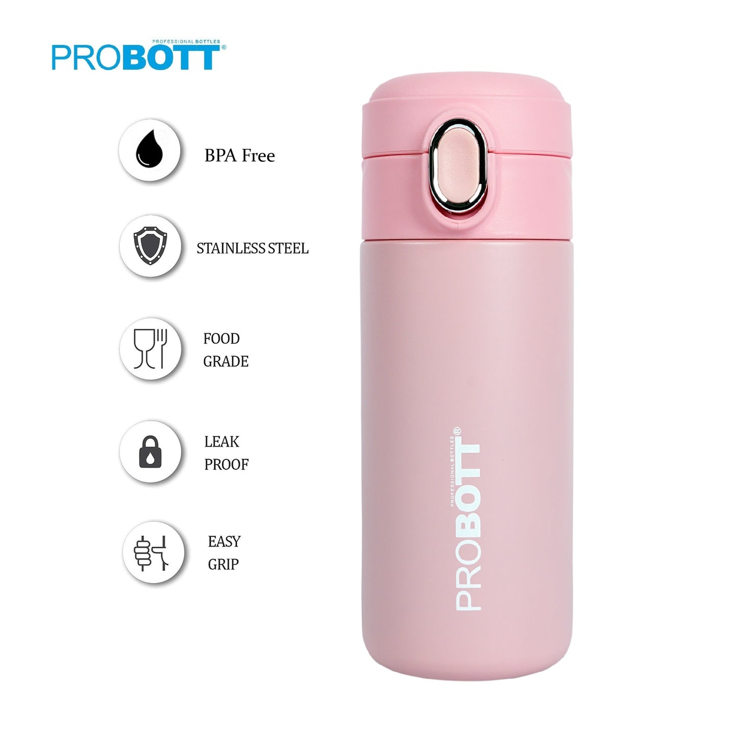 Probott Pride 300ml Thermosteel Hot & Cold Insulated Stainless Steel Travel Flask, Pink | Spill Proof | Coffee Tea Mug | Juice Mug | Easy Grip Easy to Carry