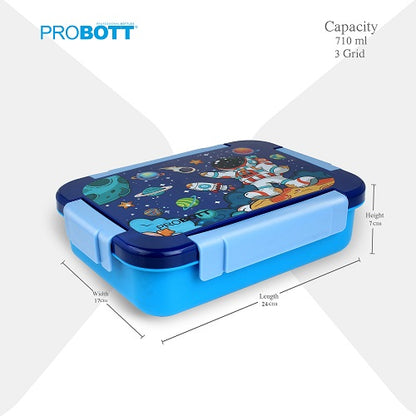 PROBOTT Lunch On 710ml Stainless Steel Lunch Box, 3 Grid Tiffin Box, Character Lid Made with Heavy Quality PP Material Perfect for School, Office Use | Dark Blue+Sky Blue