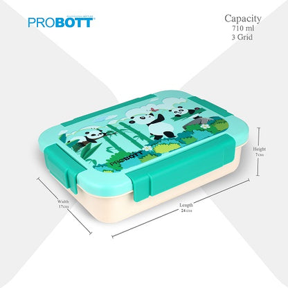 PROBOTT Lunch On 710ml Stainless Steel Lunch Box, 3 Grid Tiffin Box, Character Lid Made with Heavy Quality PP Material Perfect for School, Office Use | Aqua Blue+Cream