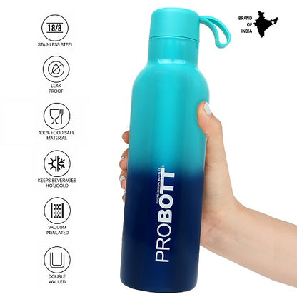 Probott Dream 500ml Stainless Steel Hot and Cold Water Bottle, Vacuum Insulated Flask Bottles, Dual Color Aqua Blue & Dark Blue