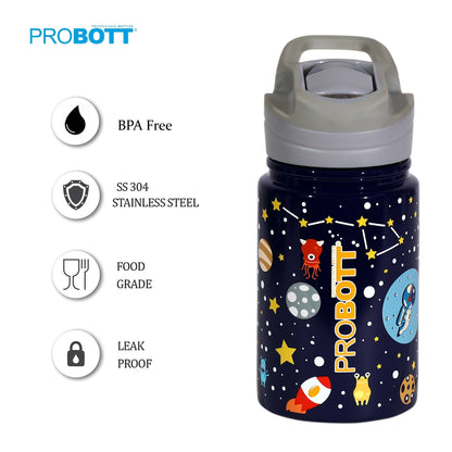 PROBOTT Space 360ml Stainless Steel Double Wall Vacuum Flask for 3-5 Yrs Kids | Hot and Cold Water Bottle with 3D Print, Black | Perfect for Toddlers | Leakproof